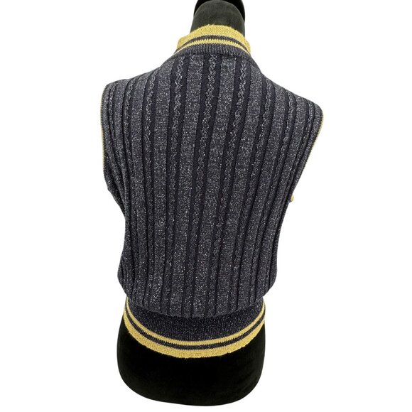 2/$18 Sale!  Vtg Varsity Sweater Vest Striped Cable Knit Metallic‎ L Mock Neck - Picture 7 of 8